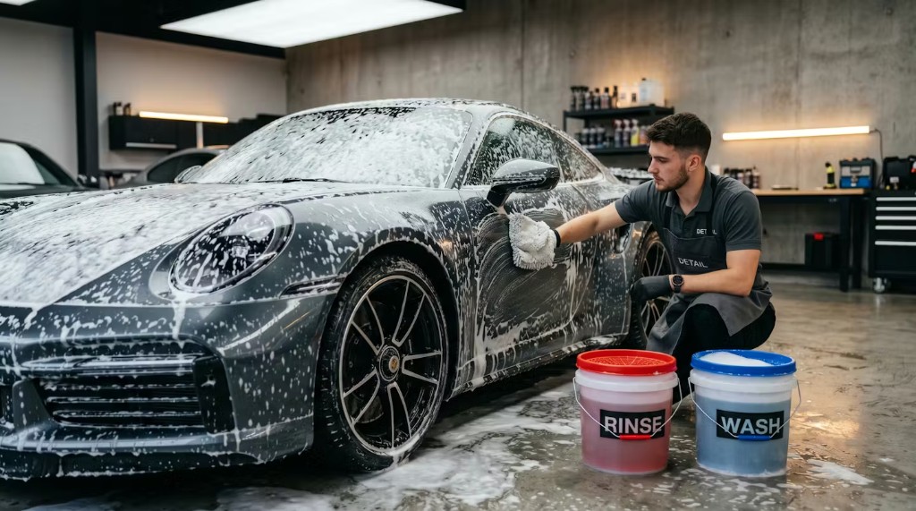 Fotografia de um detalhador a lavar um Porsche 911 prateado com mangueira e espuma branca no capô, demonstrando o método de dois baldes num contexto de detailing profissional.